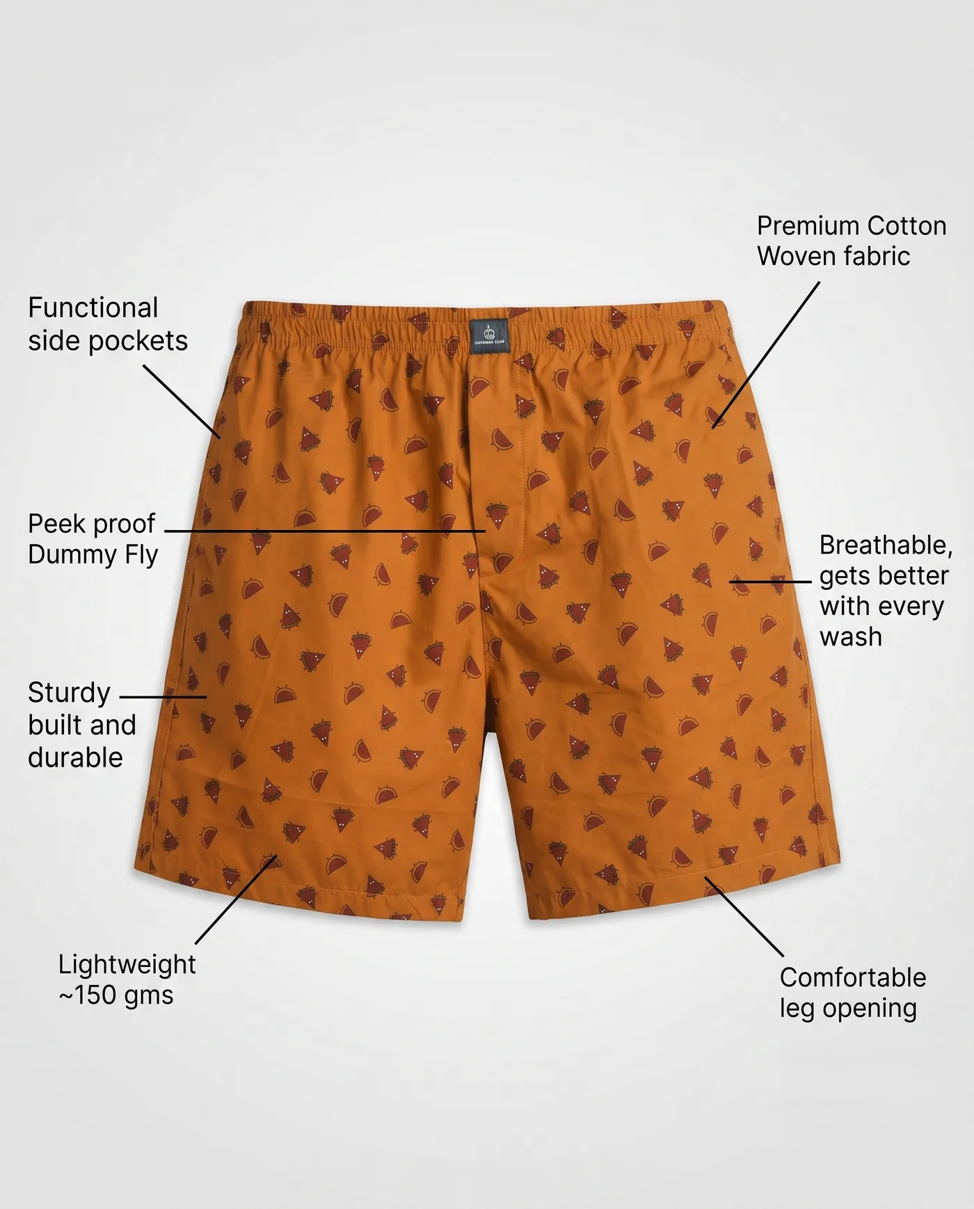 Amber Acorn boxer shorts laid flat with labelled features: combed cotton, side pockets, dummy fly and leg opening