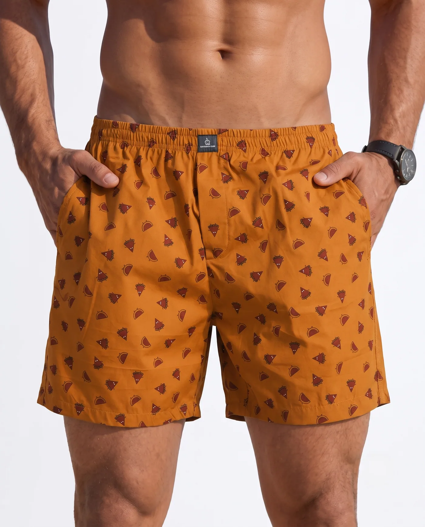 Amber Acorn printed boxer shorts for men, front view with hands in both side pockets