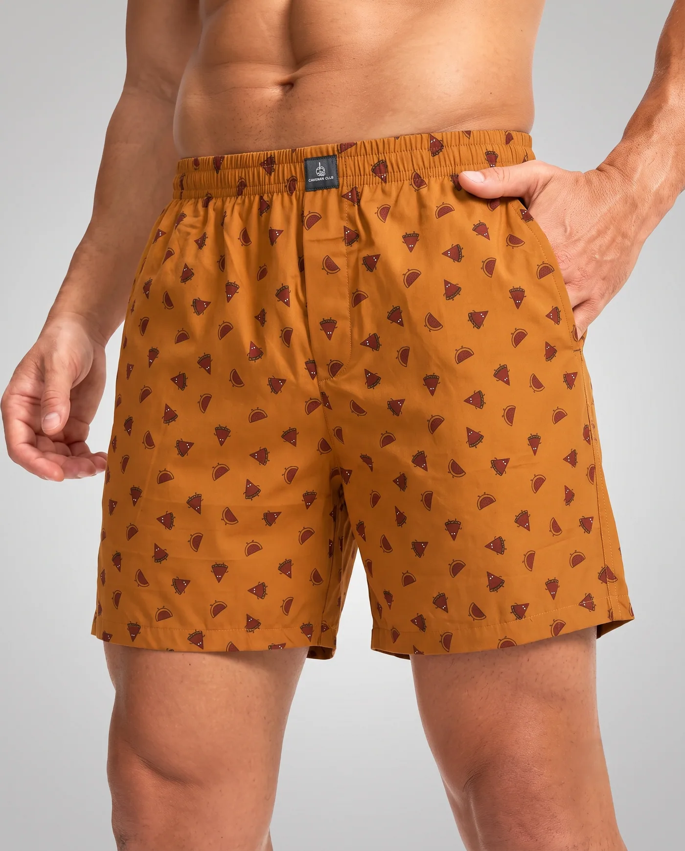 Amber Acorn printed boxer shorts, three quarter view showing the side pocket