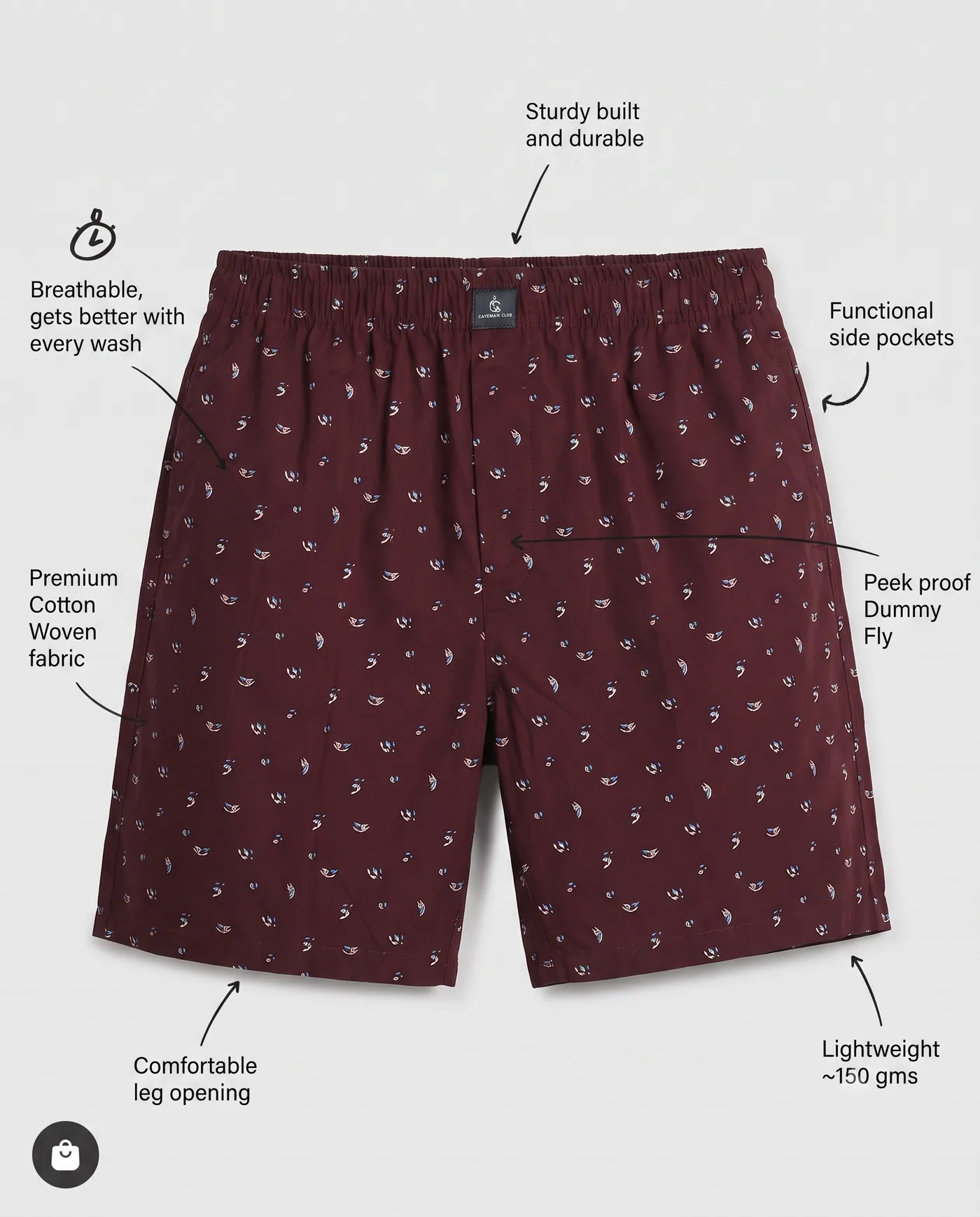 Cabernet Petal Toss boxer shorts laid flat with labelled features: combed cotton, side pockets, dummy fly and leg opening
