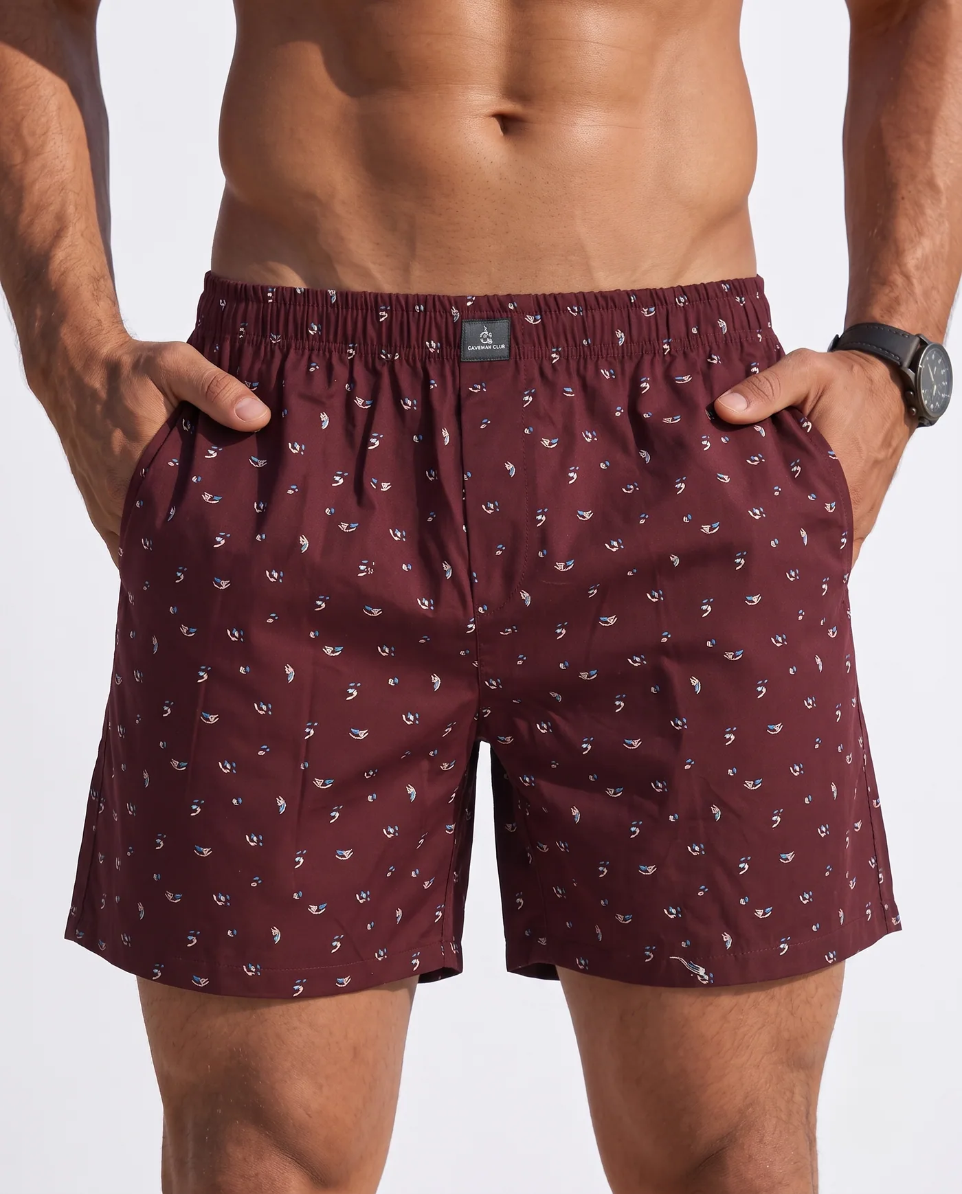 Cabernet Petal Toss printed boxer shorts for men, front view with hands in both side pockets