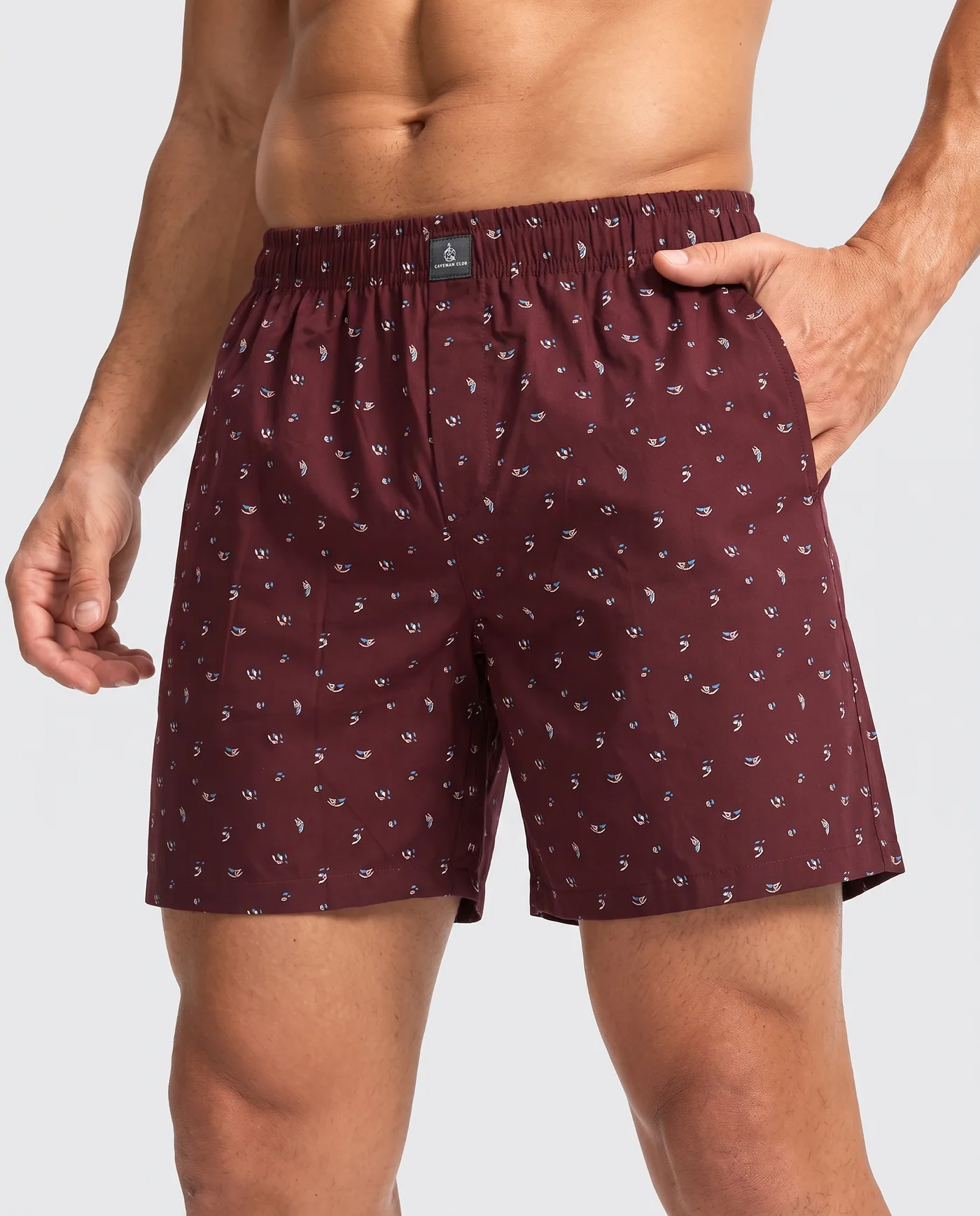 Cabernet Petal Toss printed boxer shorts, three quarter view showing the side pocket