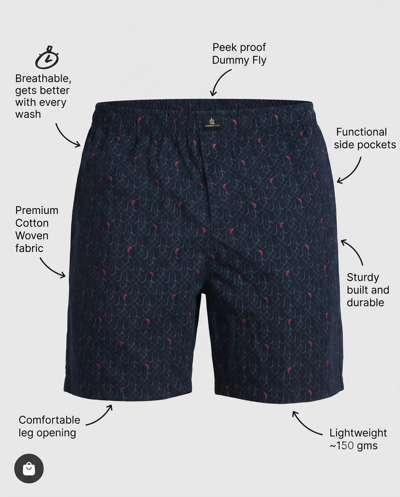 Indigo Lattice boxer shorts laid flat with labelled features: combed cotton, side pockets, dummy fly and leg opening