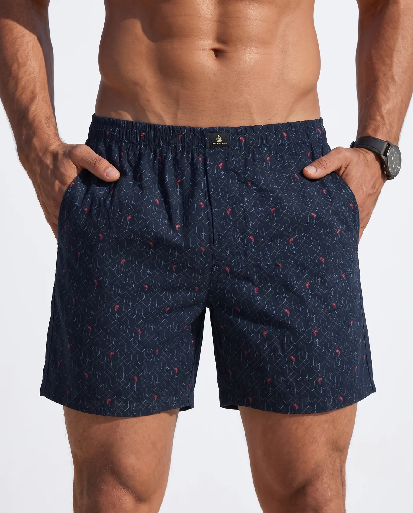Indigo Lattice printed boxer shorts for men, front view with hands in both side pockets