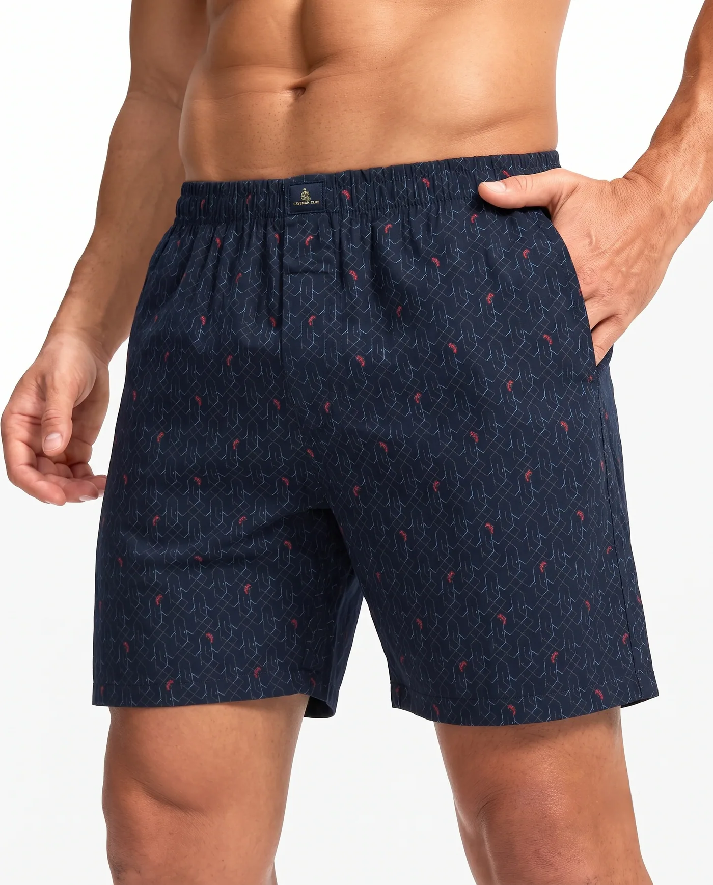 Indigo Lattice printed boxer shorts, three quarter view showing the side pocket