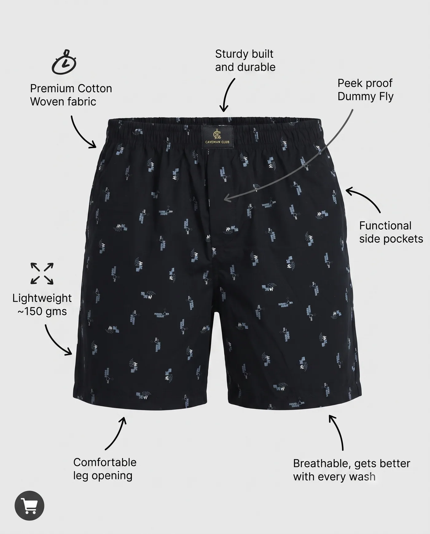 Midnight Geo Speckle boxer shorts laid flat with labelled features: combed cotton, side pockets, dummy fly and leg opening
