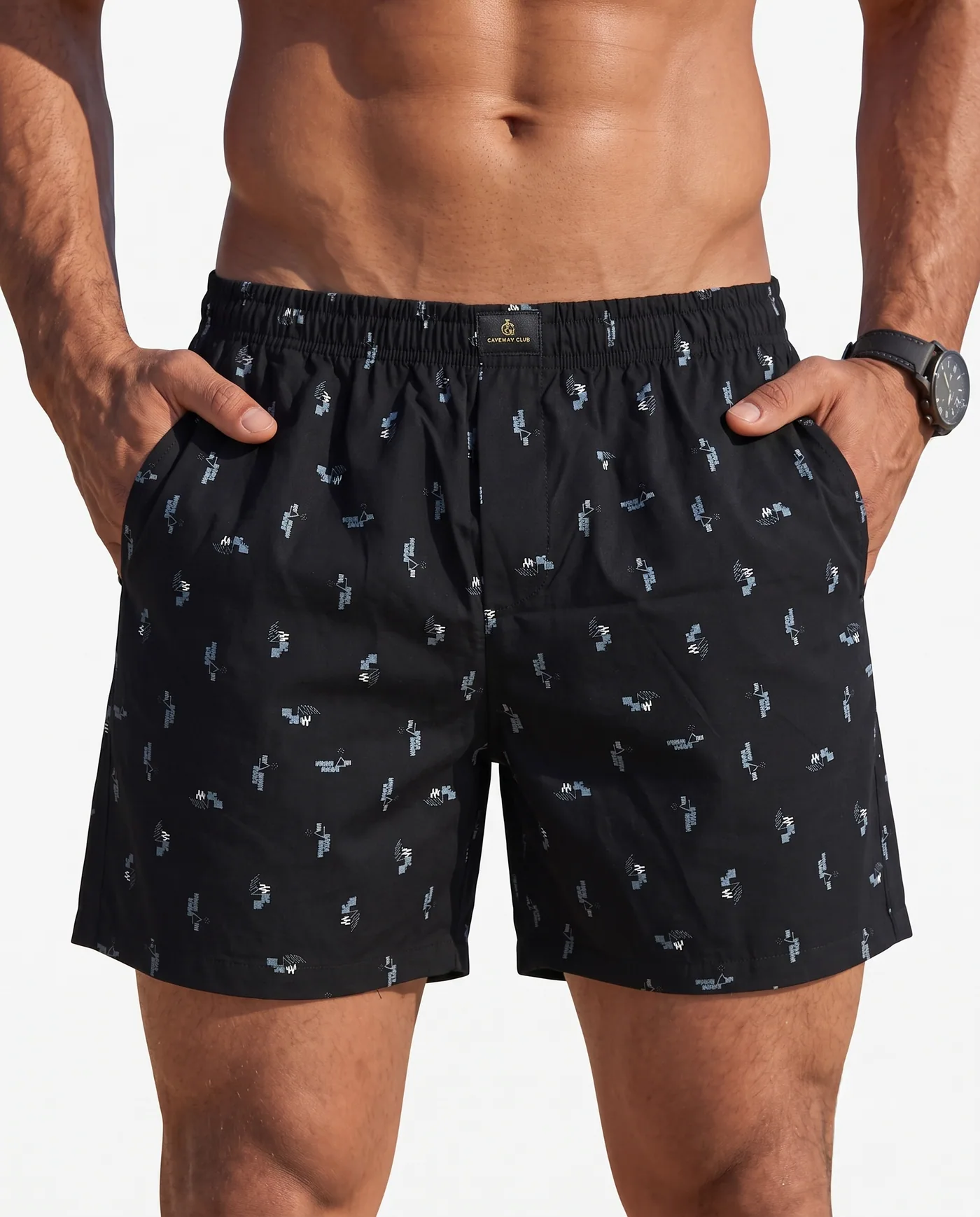 Midnight Geo Speckle printed boxer shorts for men, front view with hands in both side pockets