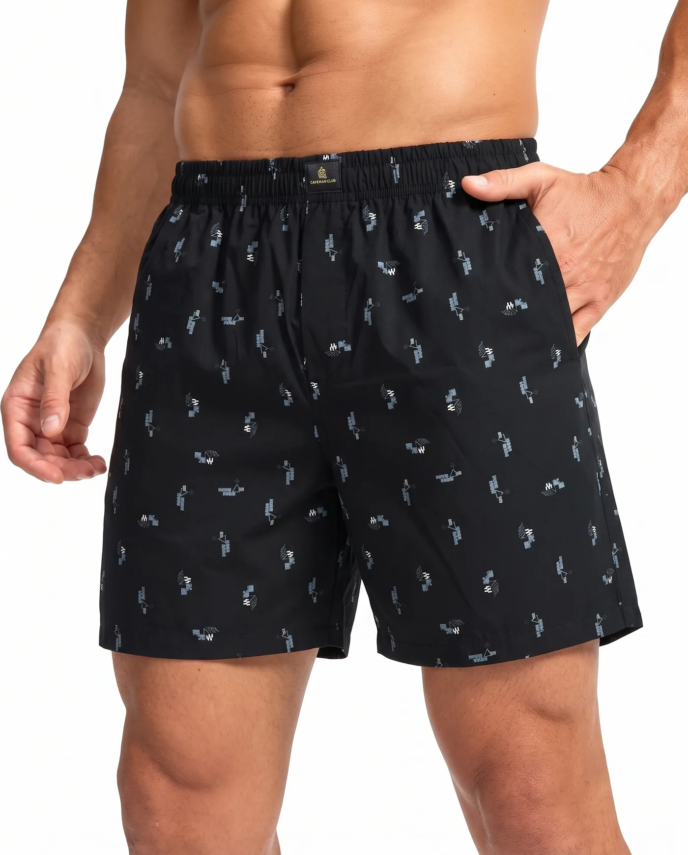 Midnight Geo Speckle printed boxer shorts, three quarter view showing the side pocket