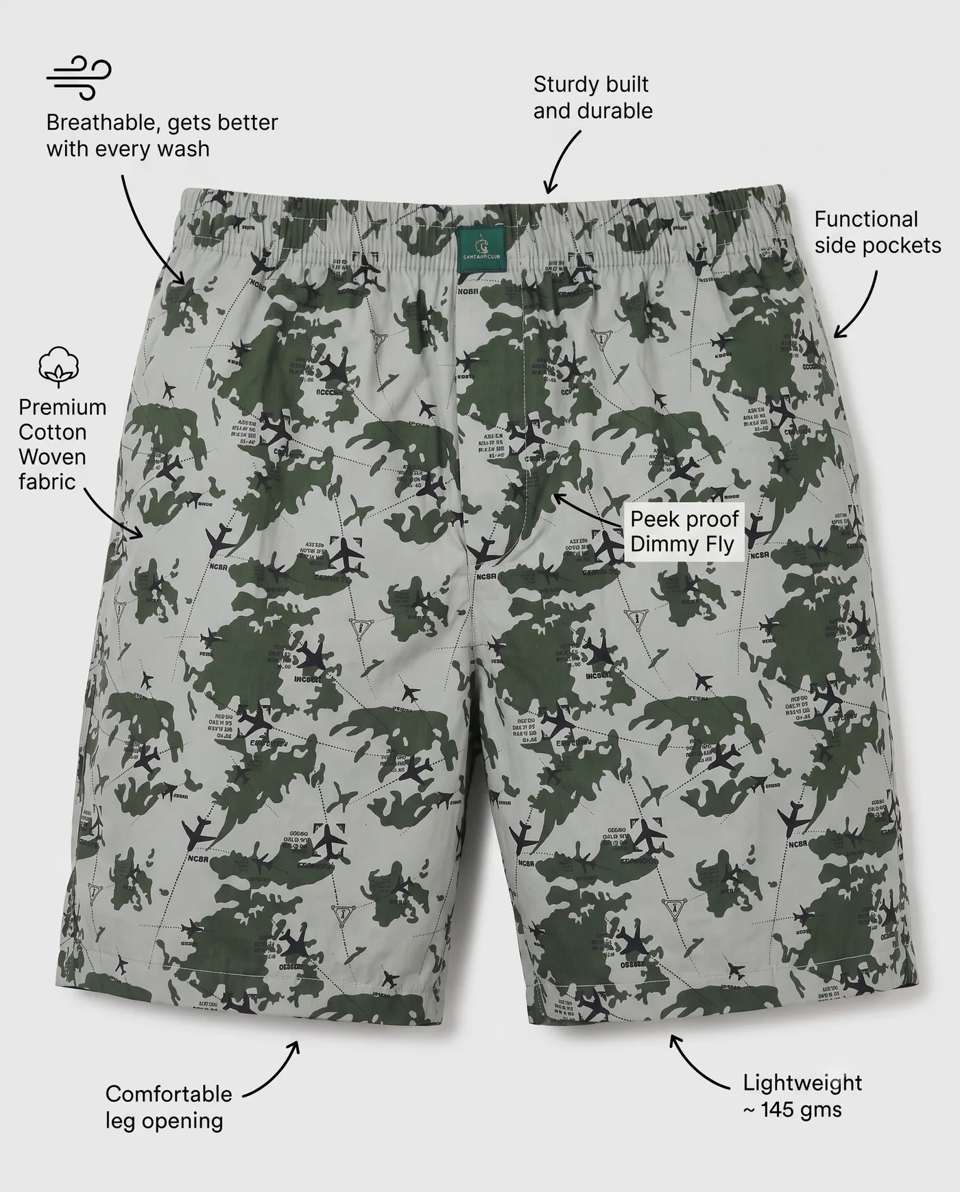 Recon Aero Camo boxer shorts laid flat with labelled features: combed cotton, side pockets, dummy fly and leg opening