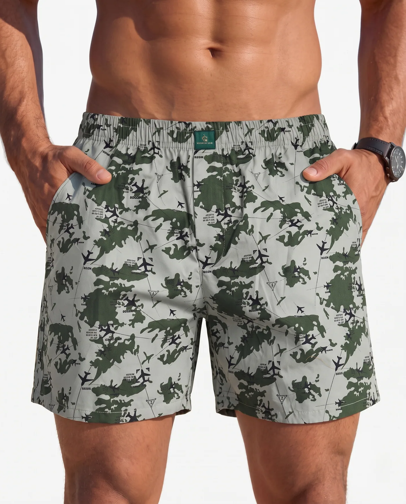 Recon Aero Camo printed boxer shorts for men, front view with hands in both side pockets